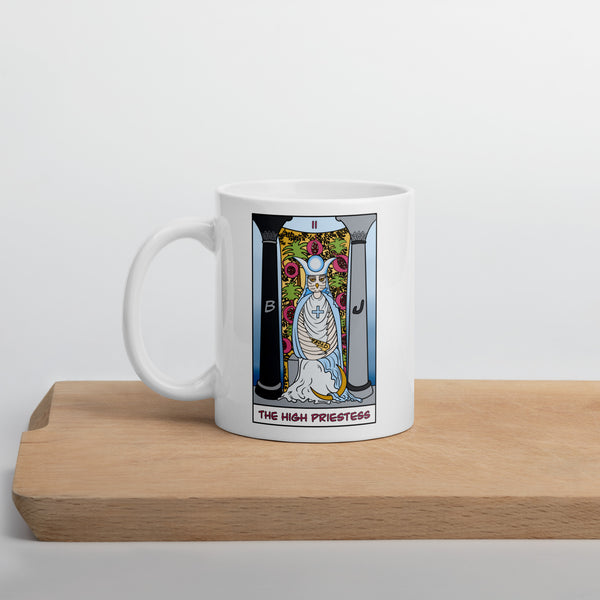 The Snowy Owl High Priestess Tarot Card White glossy mug