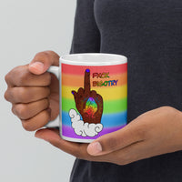 FXCK Bigotry Dark Skin Middle Finger LGBTQ+ Pride White glossy mug