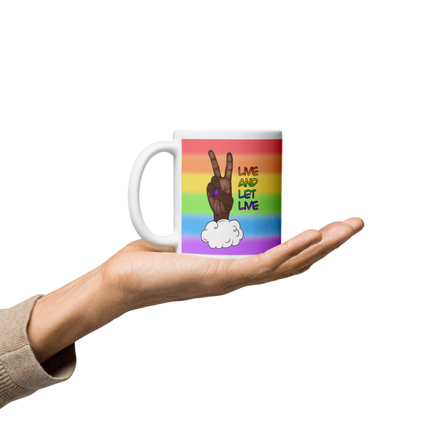 Live and Let Live Dark Skin Peace Sign LGBTQ+ Pride White glossy mug