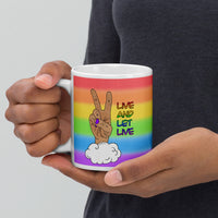 Live and Let Live Light Skin Peace Sign LGBTQ+ Pride White glossy mug