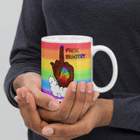 FXCK Bigotry Dark Skin Middle Finger LGBTQ+ Pride White glossy mug