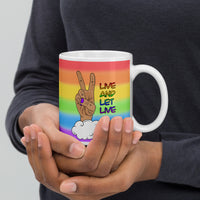 Live and Let Live Light Skin Peace Sign LGBTQ+ Pride White glossy mug