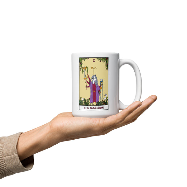 The Unicorn Magician Tarot Card White glossy mug