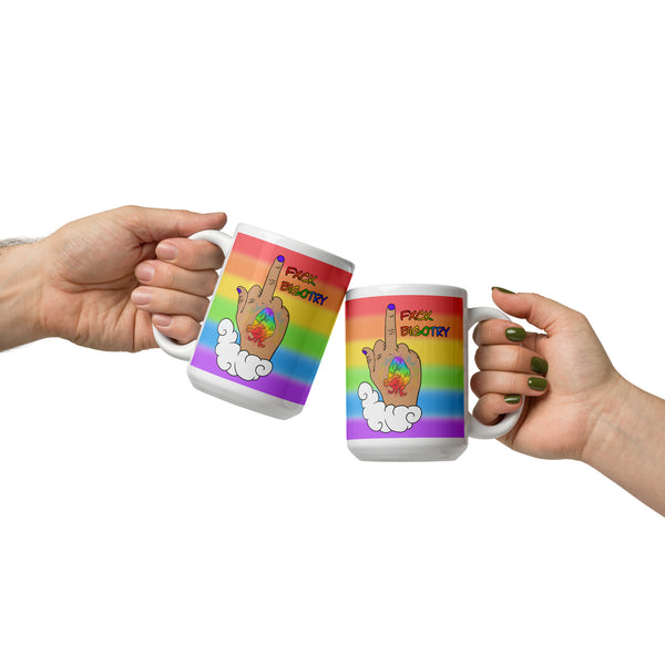 FXCK Bigotry Light Skin Middle Finger LGBTQ+ Pride White glossy mug