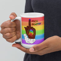 FXCK Bigotry Dark Skin Middle Finger LGBTQ+ Pride White glossy mug