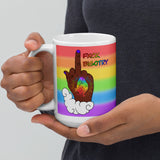 FXCK Bigotry Dark Skin Middle Finger LGBTQ+ Pride White glossy mug