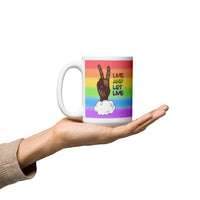 Live and Let Live Dark Skin Peace Sign LGBTQ+ Pride White glossy mug