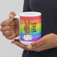 Live and Let Live Light Skin Peace Sign LGBTQ+ Pride White glossy mug