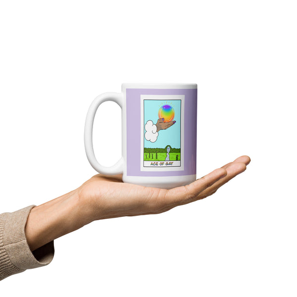 Ace Of Gay LGBTQ+ Pride Tarot Card White glossy mug