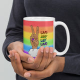 Live and Let Live Light Skin Peace Sign LGBTQ+ Pride White glossy mug