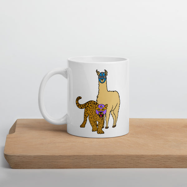 Llama Vs. Leopard luchador pro wrestling White glossy mug