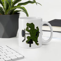 Bench Beast T-Rex Powerlifter Bodybuilder White glossy mug