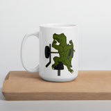 Bench Beast T-Rex Powerlifter Bodybuilder White glossy mug