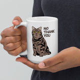 “No Thank You” Meatball the Chunky Grumpy Tabby Cat White glossy mug