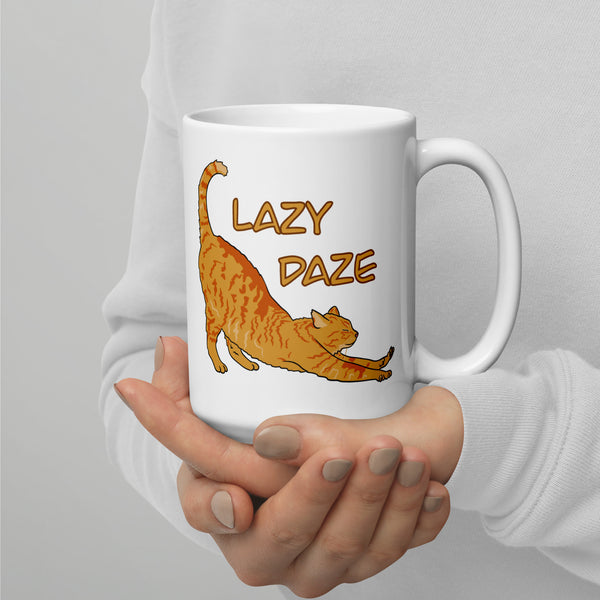 “Lazy Daze” Cheddar the Orange Tabby Cat White glossy mug